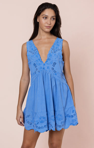 Poplin V-Back Mini Dress with Scallop Embroidery Ocean Blue