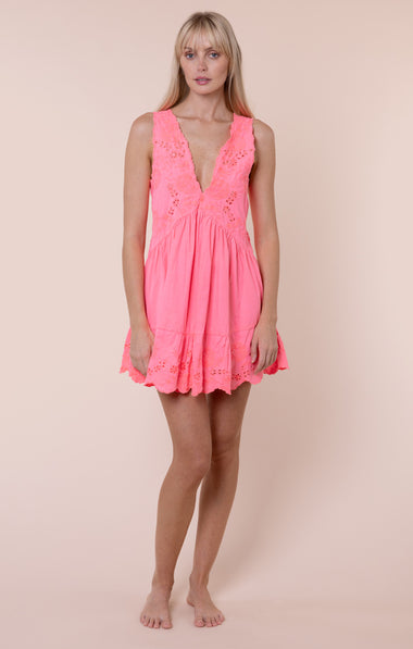 Poplin V-Back Mini Dress with Scallop Embroidery Watermelon