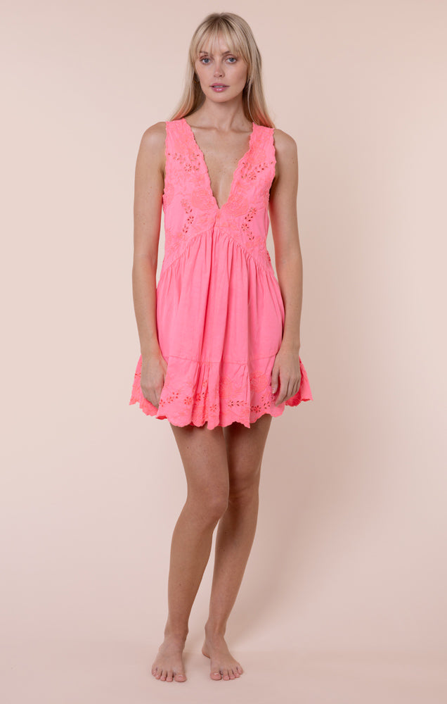 Load image into Gallery viewer, Poplin V-Back Mini Dress with Scallop Embroidery Watermelon
