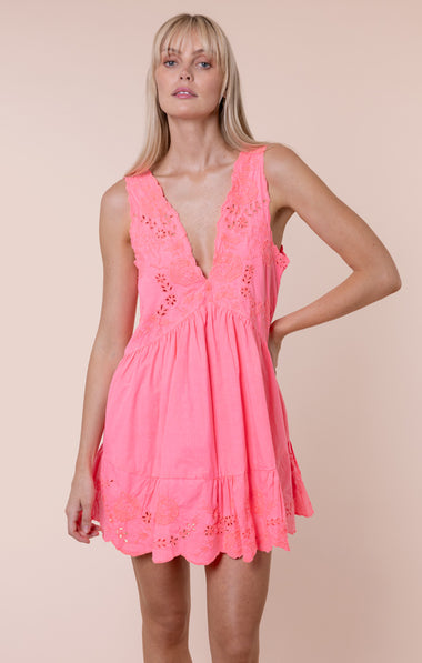 Poplin V-Back Mini Dress with Scallop Embroidery Watermelon