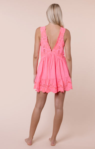 Poplin V-Back Mini Dress with Scallop Embroidery Watermelon