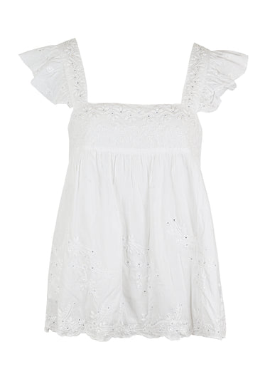 Acid Wash Baby Doll Dress With Tonal Lotus Embroidery White