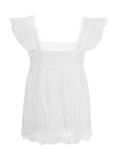 Acid Wash Baby Doll Dress With Tonal Lotus Embroidery White