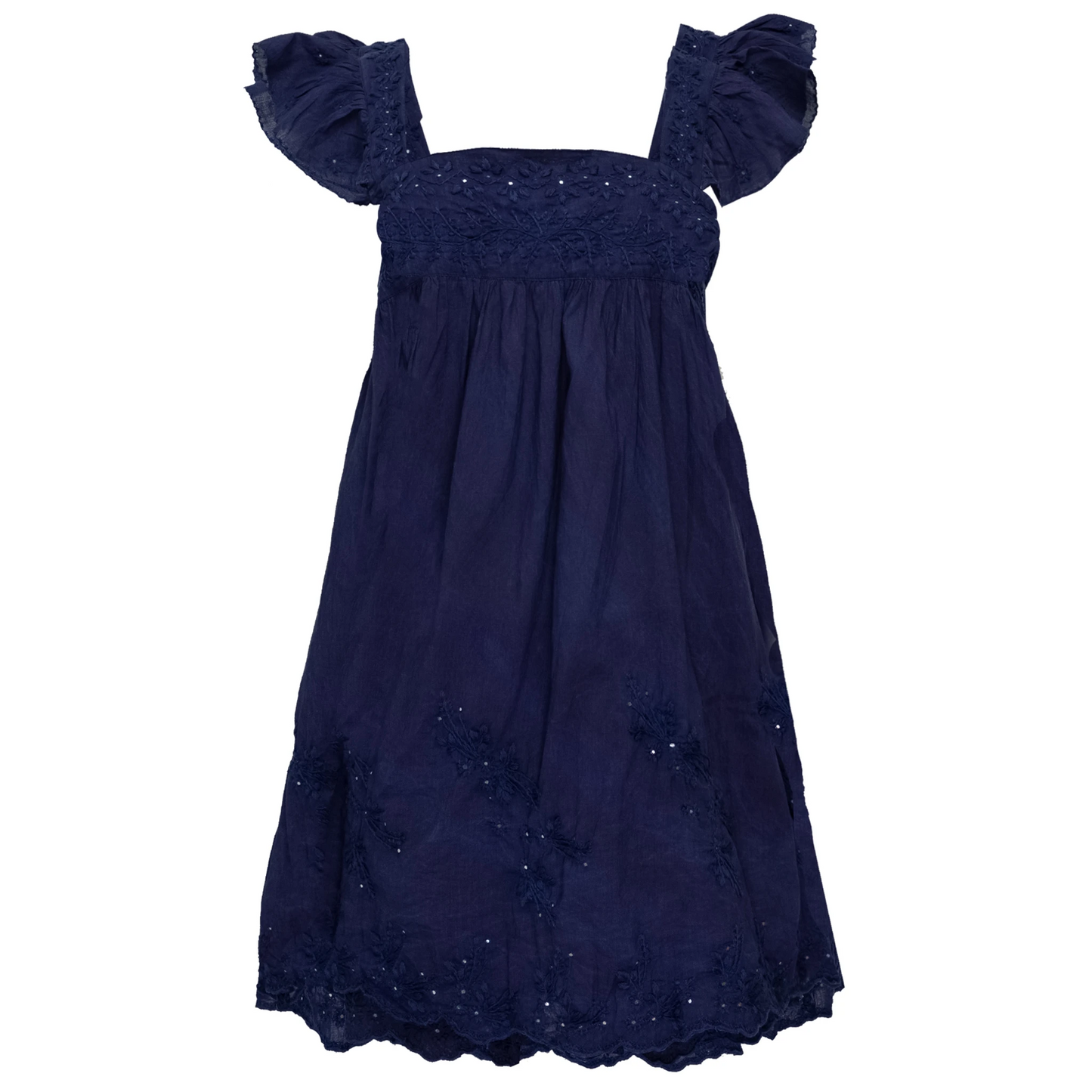 Load image into Gallery viewer, Acid Wash Baby Doll Dress With Tonal Lotus Embroidery Indigo - Dress
