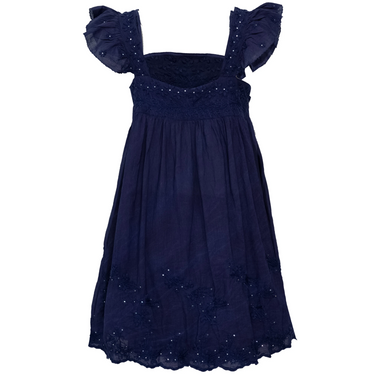 Acid Wash Baby Doll Dress With Tonal Lotus Embroidery Indigo - Dress
