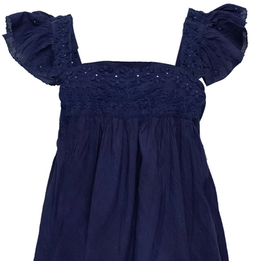 Acid Wash Baby Doll Dress With Tonal Lotus Embroidery Indigo - Dress