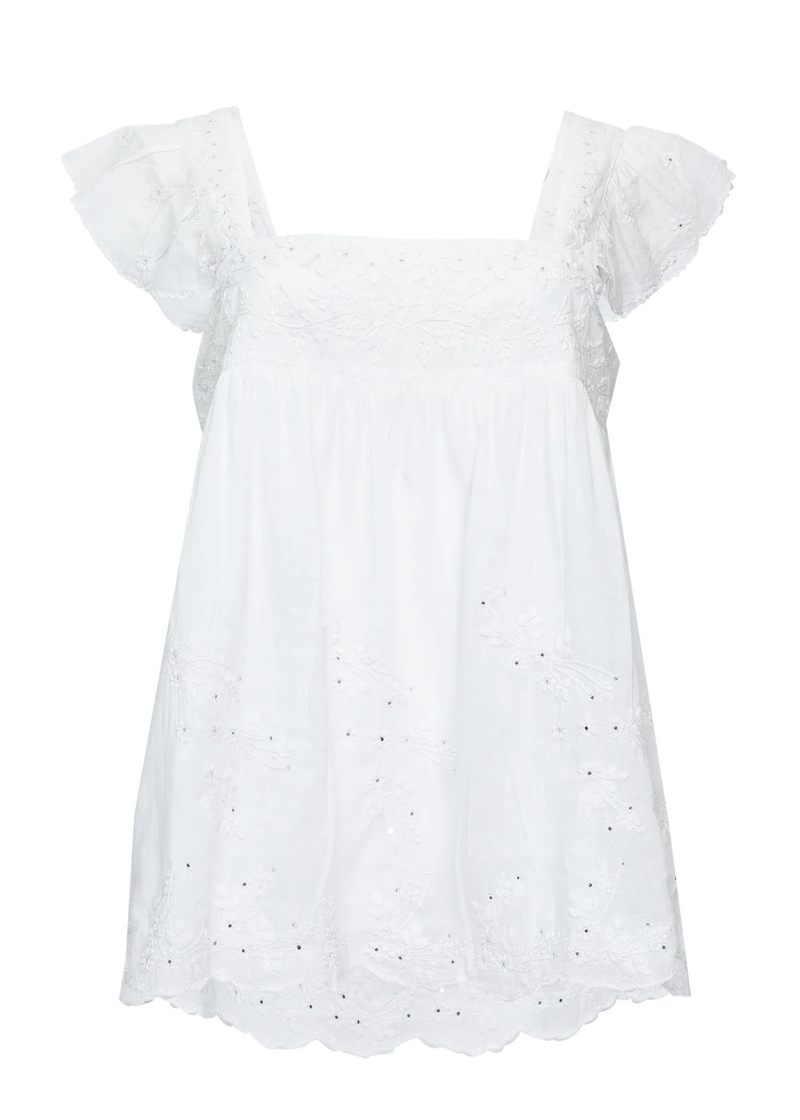 Acid Wash Baby Doll Top With Tonal Lotus Embroidery White