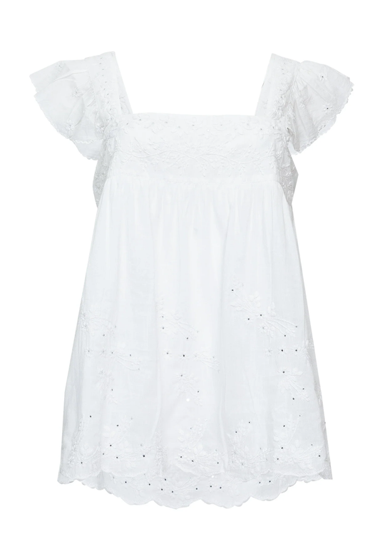 Load image into Gallery viewer, Acid Wash Baby Doll Top With Tonal Lotus Embroidery White
