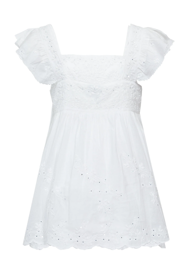 Acid Wash Baby Doll Top With Tonal Lotus Embroidery White