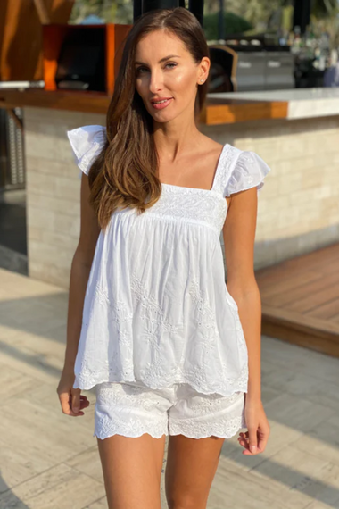 Acid Wash Baby Doll Top With Tonal Lotus Embroidery White