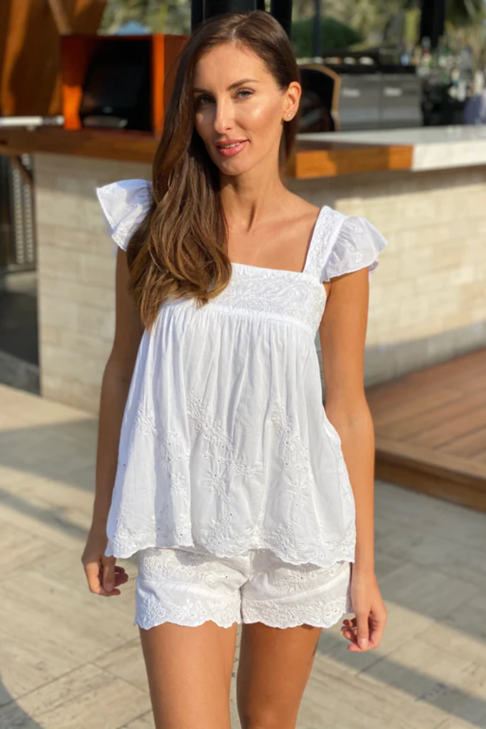 Load image into Gallery viewer, Acid Wash Baby Doll Top With Tonal Lotus Embroidery White
