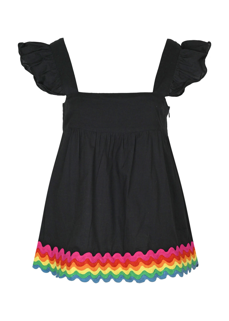 Baby Doll Top with Rainbow Ric Rac Trim - Lined Black/Rainbow Bright
