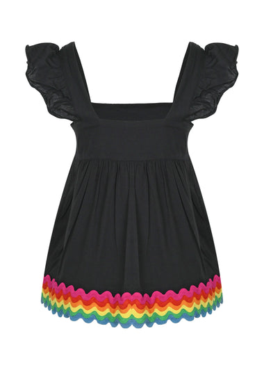 Baby Doll Top with Rainbow Ric Rac Trim - Lined Black/Rainbow Bright