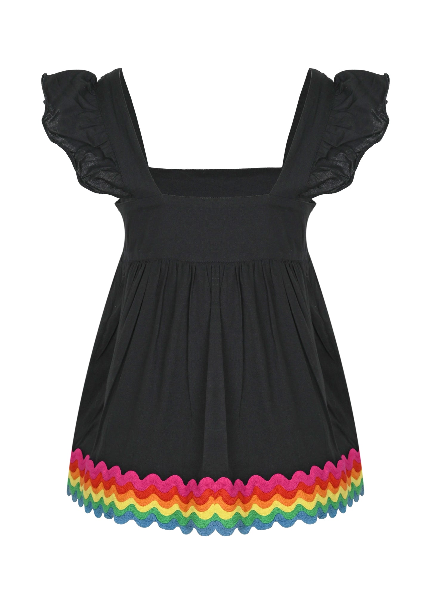 Load image into Gallery viewer, Baby Doll Top with Rainbow Ric Rac Trim - Lined Black/Rainbow Bright
