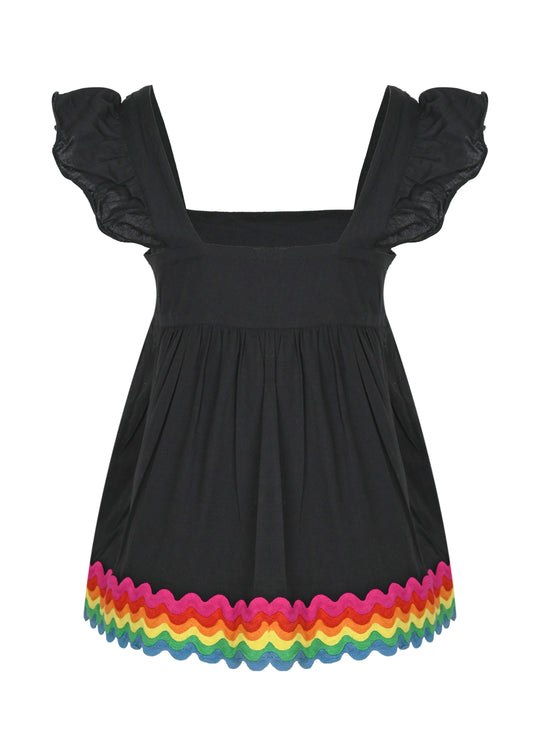 Load image into Gallery viewer, Baby Doll Top with Rainbow Ric Rac Trim - Lined Black/Rainbow Bright
