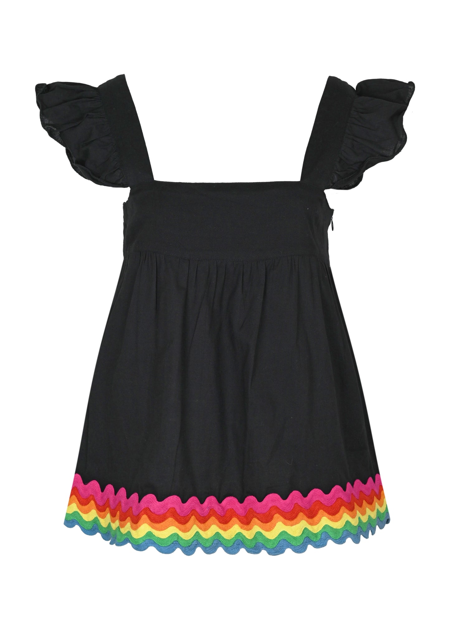 Load image into Gallery viewer, Baby Doll Top with Rainbow Ric Rac Trim - Lined Black/Rainbow Bright
