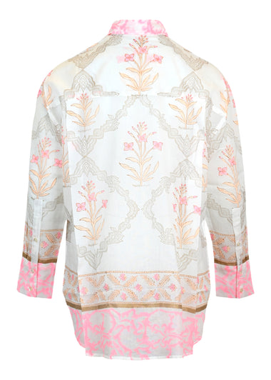 Beach Shirt In Cage Block Print White/Pink Grapefruit