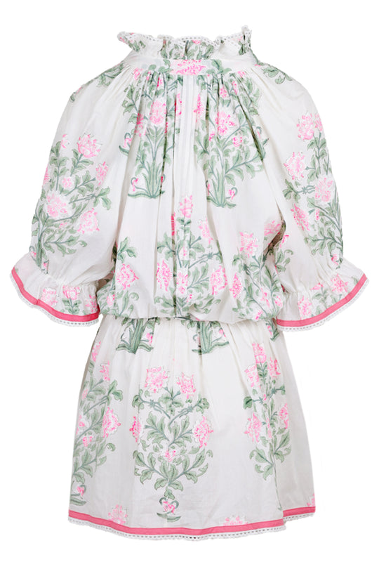 Load image into Gallery viewer, Blouson Dress In Japanese Flower Print With Slip White/Blue/Sage
