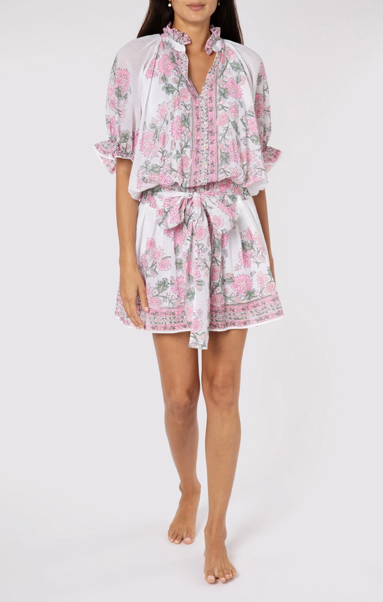 Blouson Dress In Rose Border Block Print With Slip White/Klein Blue