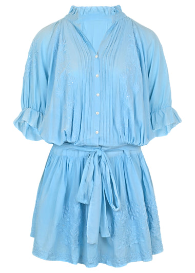 Blouson Dress With Tonal Lotus Embroidery Blue Acid Wash