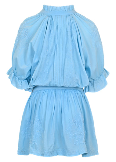 Blouson Dress With Tonal Lotus Embroidery Blue Acid Wash