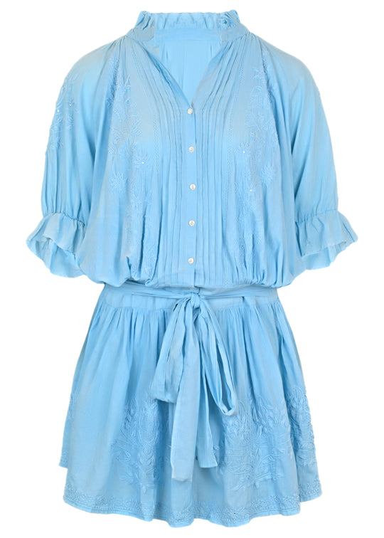Load image into Gallery viewer, Blouson Dress With Tonal Lotus Embroidery Blue Acid Wash
