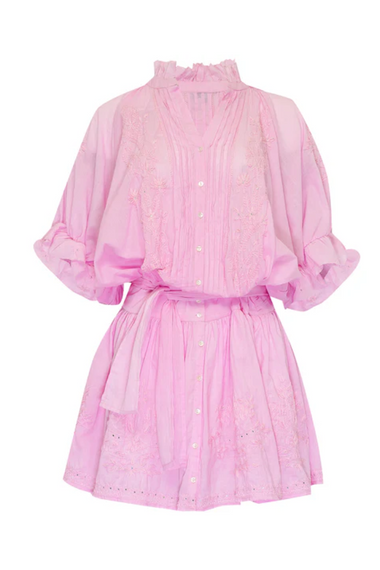 Blouson Dress With Tonal Lotus Embroidery Sugar Almond Acid Wash