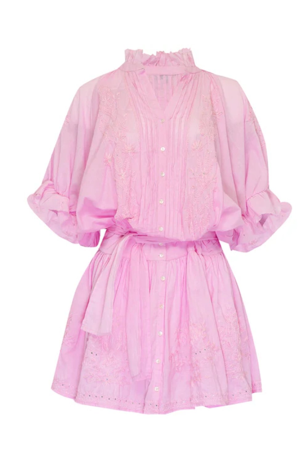 Blouson Dress With Tonal Lotus Embroidery Sugar Almond Acid Wash