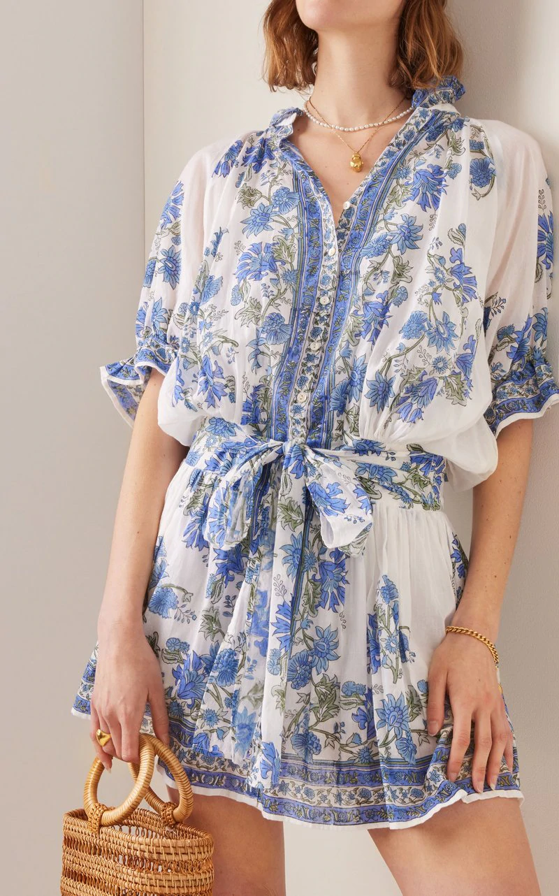 Load image into Gallery viewer, Blouson Dress In Rose Border Block Print With Slip White/Klein Blue - Dress
