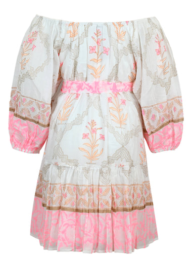 Boho Dress In Cage Block Print White/Pink Grapefruit
