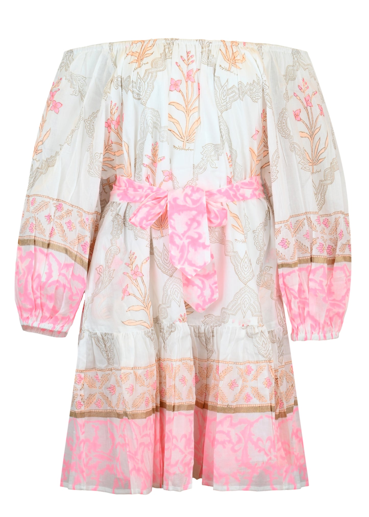 Load image into Gallery viewer, Boho Dress In Cage Block Print White/Pink Grapefruit
