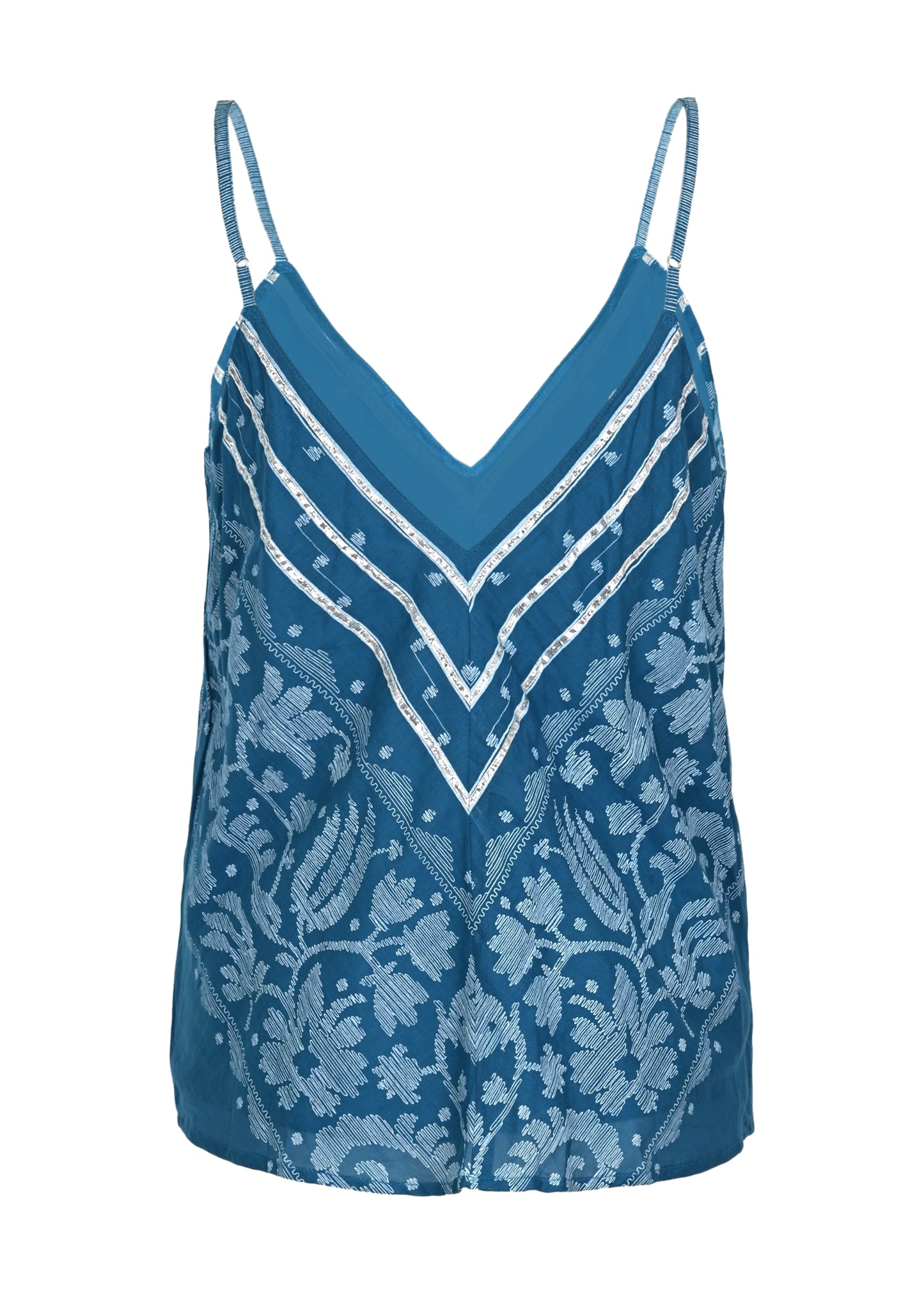 Load image into Gallery viewer, Cami Top With Dhaka Print &amp;amp; Silver Trim Petrol &amp;amp; White
