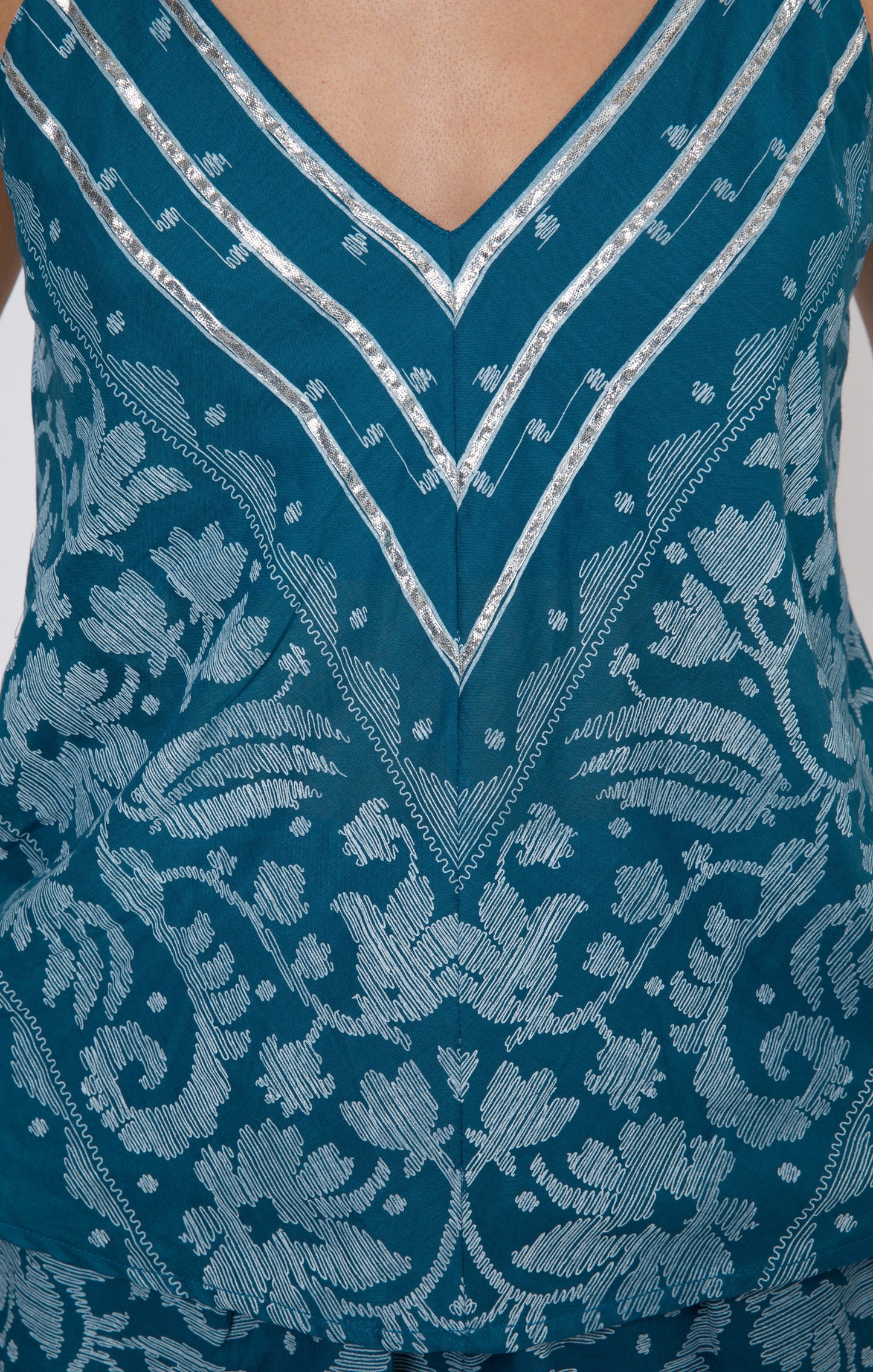 Load image into Gallery viewer, Cami Top With Dhaka Print &amp;amp; Silver Trim Petrol &amp;amp; White - Top
