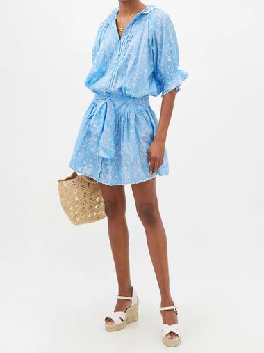 Blouson Dress: Flower Block Print in Dual Blue Tones - Dress