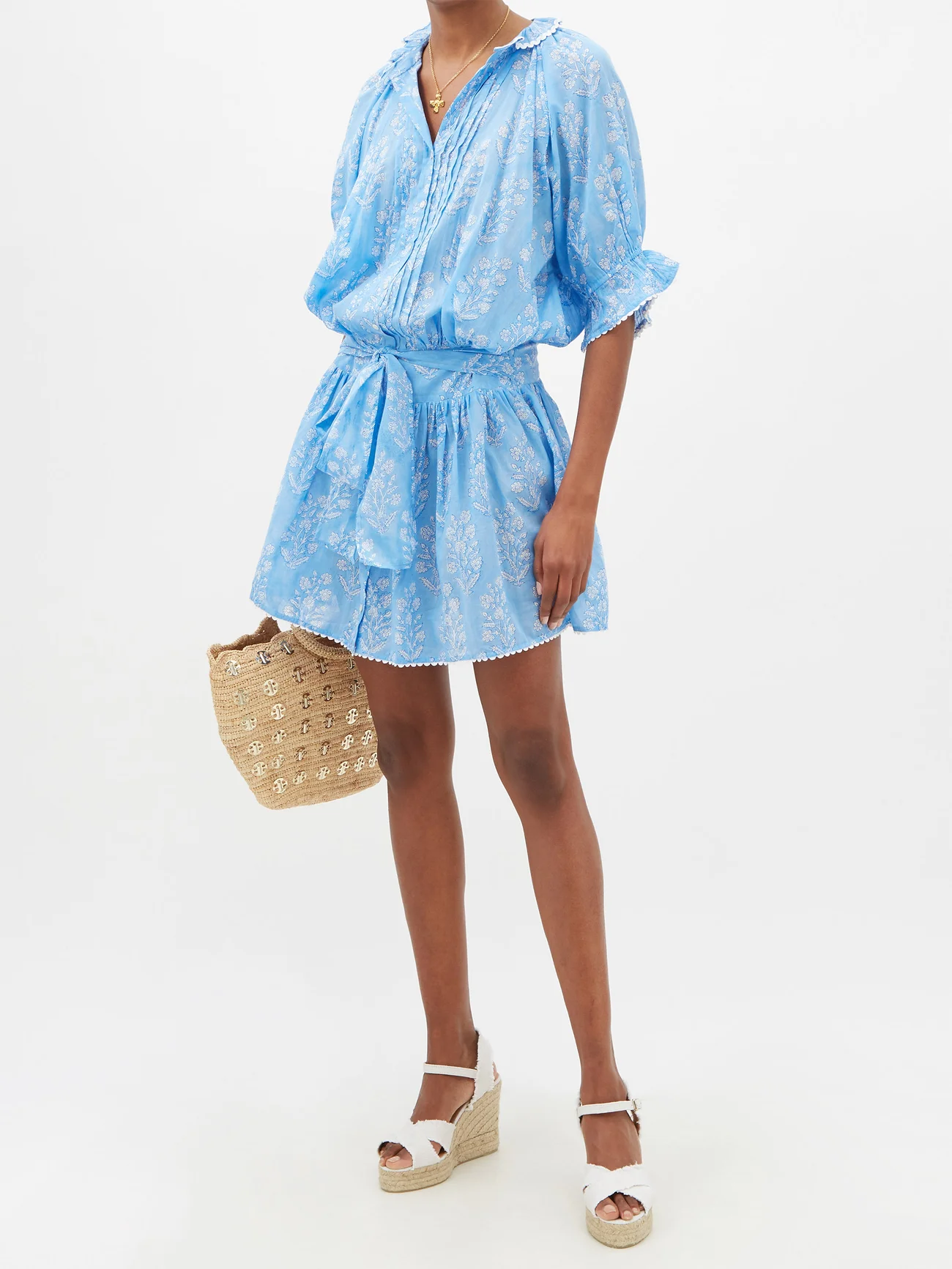 Blouson Dress: Flower Block Print in Dual Blue Tones