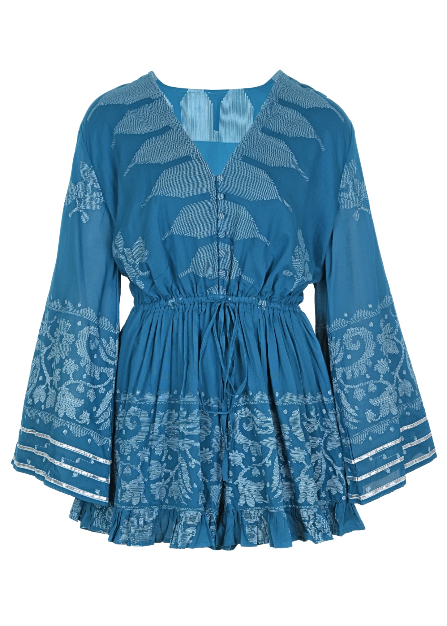 Flared Sleeve Playsuit With Dhaka Print Petrol & White