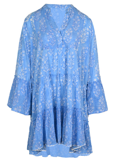 Flared Sleeve Dress In Small Flower Block Print Blue