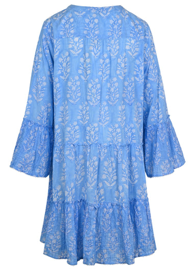 Flared Sleeve Dress In Small Flower Block Print Blue