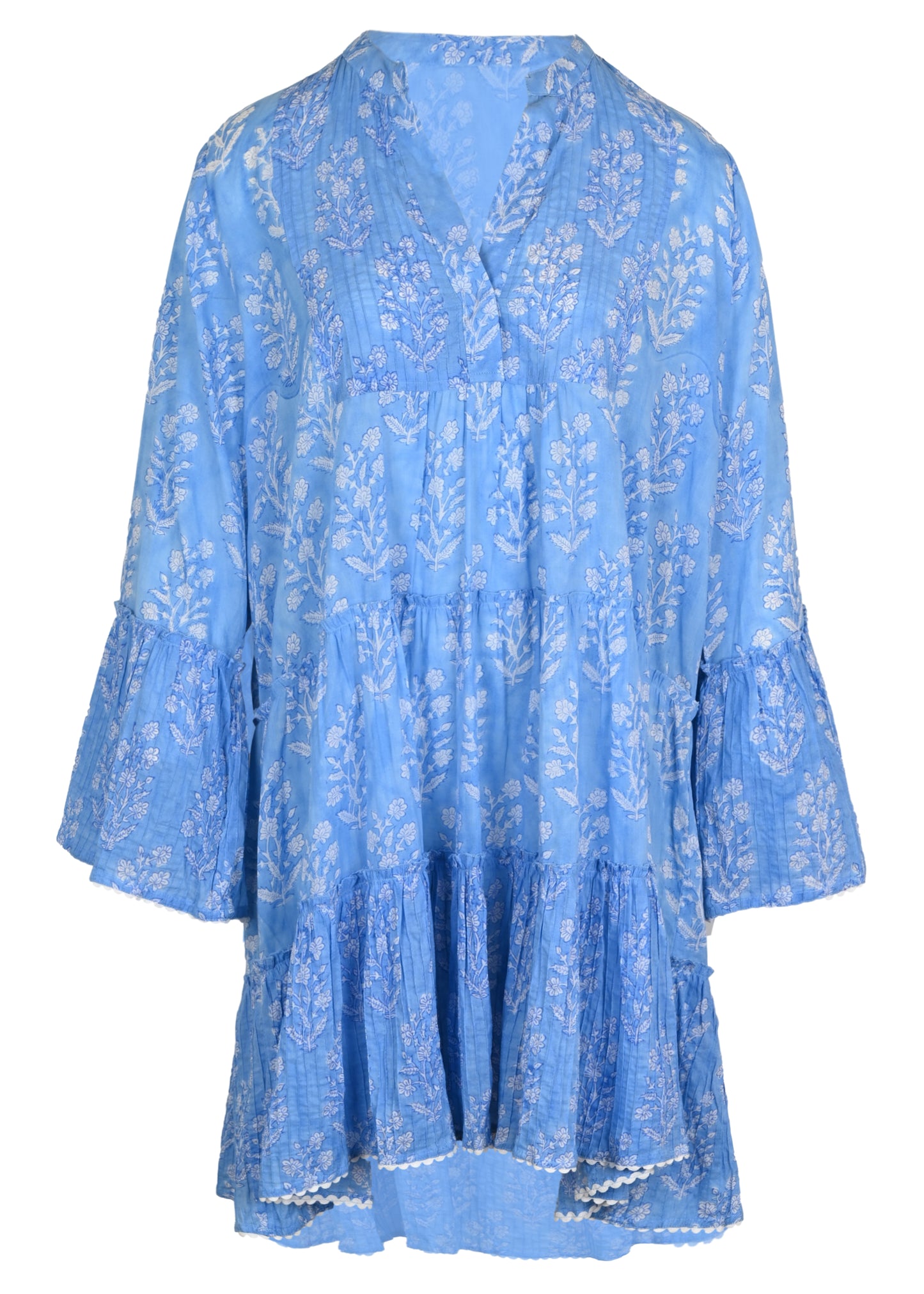 Load image into Gallery viewer, Flared Sleeve Dress In Small Flower Block Print Blue
