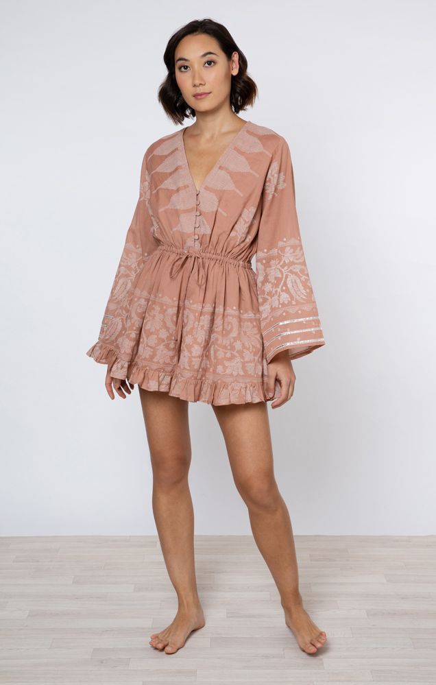 Load image into Gallery viewer, Flared Sleeve Playsuit With Dhaka Print Pecan &amp;amp; White - Playsuit
