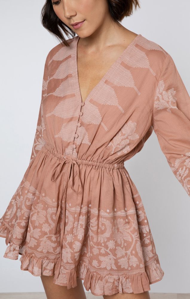 Load image into Gallery viewer, Flared Sleeve Playsuit With Dhaka Print Pecan &amp;amp; White - Playsuit
