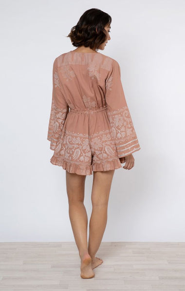 Flared Sleeve Playsuit With Dhaka Print Pecan & White - Playsuit