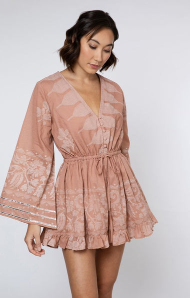 Flared Sleeve Playsuit With Dhaka Print Pecan & White - Playsuit