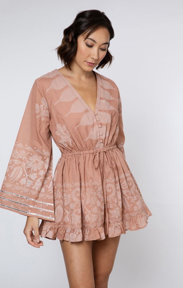 Load image into Gallery viewer, Flared Sleeve Playsuit With Dhaka Print Pecan &amp;amp; White - Playsuit
