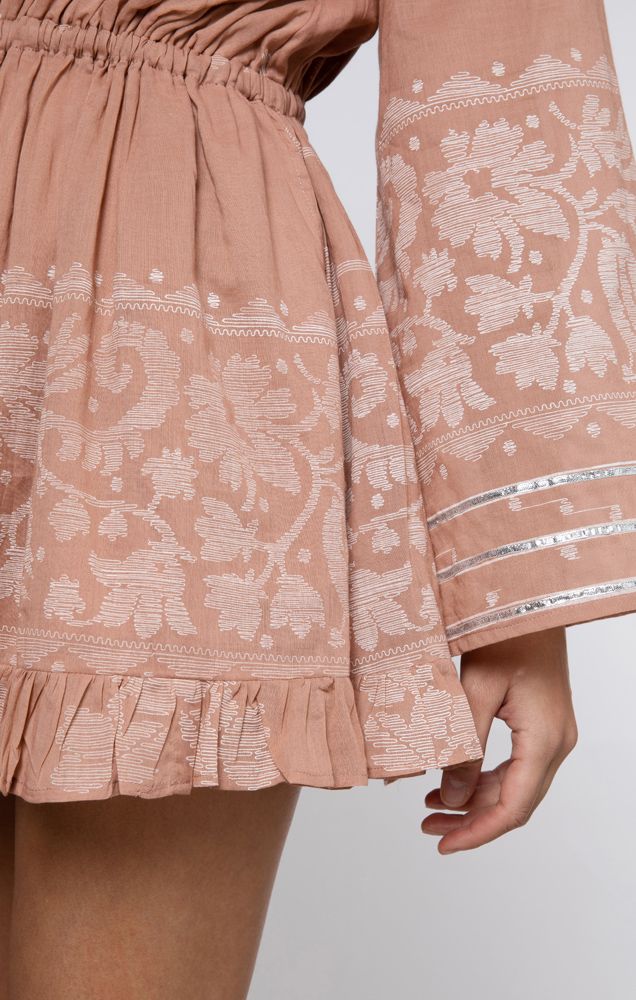 Load image into Gallery viewer, Flared Sleeve Playsuit With Dhaka Print Pecan &amp;amp; White - Playsuit
