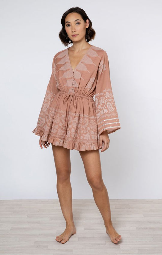 Flared Sleeve Playsuit With Dhaka Print Pecan & White