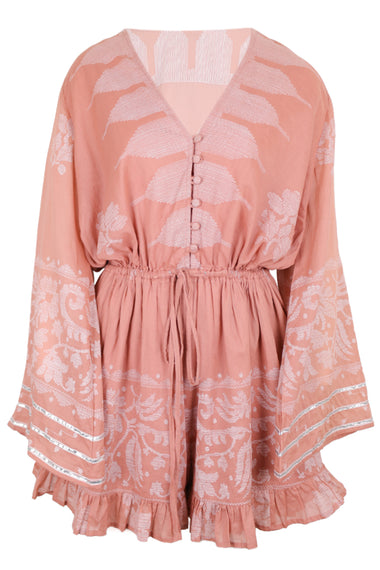 Flared Sleeve Playsuit With Dhaka Print Pecan & White