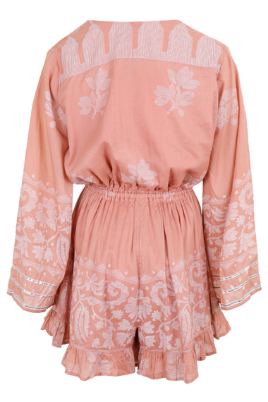 Flared Sleeve Playsuit With Dhaka Print Pecan & White
