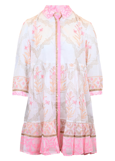 Frill Shirt Dress In Cage Block Print In White/Pink Grapefruit