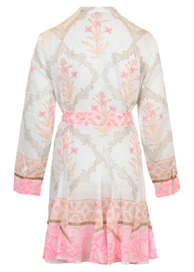 Godet Dress In Cage Block Print White/Pink Grapefruit